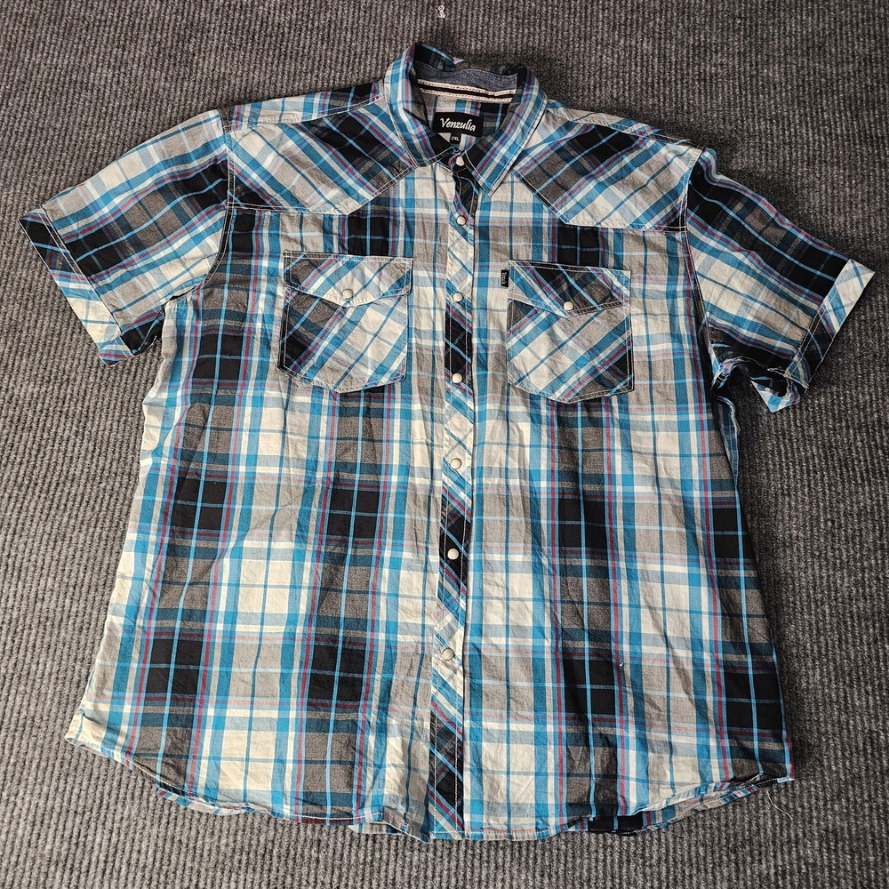 Venzulia Shirt Mens 2XL Blue Plaid Pearl Snap Short Sleeve Western Pockets